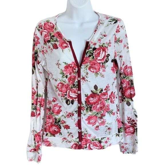 FERRACHE white floral button up cardigan pearl buttons Medium @O - Picture 1 of 8